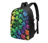 Rainbow Shamrock Laptop Backpack 4 Leaf Clover Travel Backpack 17inch Water Resistant Carry on Rucksack with USB Charging Port College Bookbag School Work Bag for Women Men