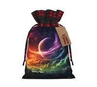Rainbow sky and moon Christmas Gift Bags with Tags & Ribbon Ties, Xmas Drawstring Candy Treat Bag Buffalo Plaid Christmas Gifts Sacks Reusable Gift Wrapping Bags for Holiday Party Favors Small