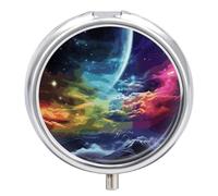 Rainbow Sky and Moon Pill Cases Round Pillbox with 3 Compartments Portable Travel Pill Organizer Box Mini Metal Pill Holder and Vitamin Containers for Fish Oil & Supplements