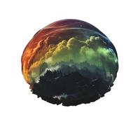 Rainbow sky and moon Shower Cap for Women Double Layers Thick Hair Caps Reusable Waterproof Bath Caps with Elastic Band Hair Hat Washable Shower Hat for Men Women Spa Salon
