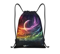 Rainbow Sky And Moon Unisex Drawstring Backpack Foldable Drawstring Bag Durable String Backpack For Climbing Gym Picnic