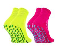 Rainbow Socks - Girl Neon Sneaker Sport Glitter Non Slip - 2 Pairs - Fuchsia Yellow - Size 7-11
