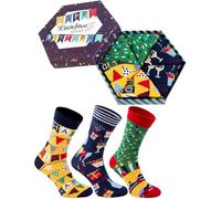 Rainbow Socks - Men Women Funny Happy Birthday Socks Box Gift - 3 Pairs - Garland Balloons Cake - Size 4-7