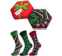 Rainbow Socks - Men Women Novelty Christmas Socks Box for Gift - 3 Pairs - Gingerbread Stars Holly Slanted Stripes - '7,5-11