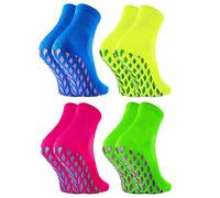 Rainbow Socks - Women Neon Sneaker Sport Glitter Non Slip - 4 Pairs - Yellow Green Fuchsia Cornflower - Size 4-6