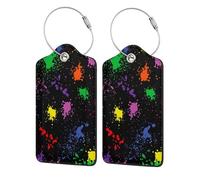 Rainbow Splatter Neon On Dark,Luggage Tags Pu Leather Name Tag Travel Suitcase Identifier ID Tags Durable Luggage Label 2 pcs