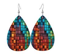 Rainbow Square Women's Teardrop Leather Earrings - Lightweight PVC Dangle Earrings, 925 Silver Hooks, Double-Sided Prints | Hypoallergenic Gift