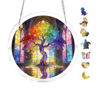 Rainbow Stained Glass Tree Art Round Acrylic Jigsaw Puzzle 7.8x7.8Inch for Home Decor Wall Art Ornament, Creative Hobby Gift