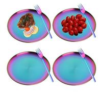 Rainbow Stainless Steel Dinner Plates Set with Fork, Set of 8, Colorful Metal Dessert Salad Plates for Eating Dinner Camping, Unbreakable and Reusable Kids Platter Indian Dishwasher Safe