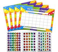 Rainbow Star Reward Chart for Kids: 4 Pack A4 Behavior Charts with 125 Glitter Star, Trophy & Apple Stickers | Motivational Sticker Chart for Kids' Good Behavior, Chores & Responsibilities