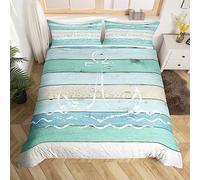 Rainbow Stripe Bed Set for Kids Toddler White Anchor Duvet Cover, Nautical Theme Bedding Set Double Teal Aqua Blue Comforter Cover, Coastal Beach Bed Cover Lightweight