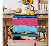 Rainbow Stripe Graffiti Table Runner 13x120 Inches Long Oil Painting Striped Modern Art Cotton Linen Table Runner Burlap Style for Dinner Table Party Decor Tabletop Decorations