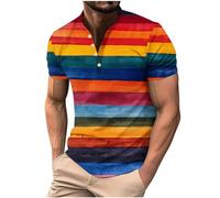 Rainbow Stripe Henley T-Shirts Mens Short Sleeve Pullover UK Sale Clearance Man Button-Up Lapel Blouse Summer Vintage Workwear Golf Basic Tees Business Office Tshirts Breathable T Shirt Holiday Tops