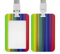 Rainbow Striped Badge Holder with Lanyard - Waterproof Hard Plastic ID Card Holder Professional Name Tag Vertical ID Card Name Badge for Office Nurse Doctor Teacher