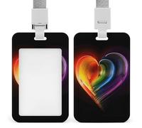 Rainbow Striped Heart Id Badge Holder with Lanyard, Clear Vertical Card Protector Waterproof, Breakaway Safety Neck Strap, Heavy Duty Name Tag Holder for Nurse Teacher Officer Staff Women Men