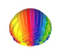 Rainbow Striped Print Double Layer Waterproof Shower Cap Women Men Reusable Bath Hair Caps Elastic Band