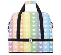 Rainbow Stripes Heart Pattern Foldable Travel Duffel Bag Large Capacity Sports Gym Bag with Wet Dry Compartment Shoe Pocket Lightweight Carry On Overnight Weekender Bag for Women Men