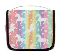 Rainbow Stripes Stars Unicorn Hanging Toiletry Bag for Travel, Waterproof Polyester Makeup Organizer, Portable Cosmetic Bag with Hook for Bathroom Business Trips Gym Camping