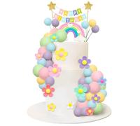 Rainbow Style Cake Decoration Set - 45 Piece Boho Cake Decoration Set with 12 Soft Flowers, Large Red Star, DIY Mini Bunting, Pompom Cloud, for Birthday Cakes, Cupcakes & Celebrations