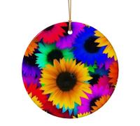 Rainbow Sunflower Print Ceramic Round Christmas Tree Hanging Multi-Scale Ornaments With Hanging For Home Decoration 3 Sizes