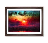 Rainbow Sunset Over The Ocean In Abstract Modern Art Framed Print | A4 Walnut Framed Wall Art | Ready to Hang | Abstract Nautical Picture | Living Room Bedroom Lounge Office