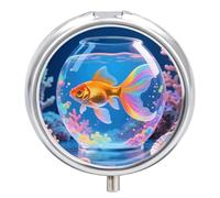 Rainbow - Tailed Goldfish Pill Box 3-Compartment Travel Pill Organizer Portable Round Medicine Case with Mirror Design for Vitamins, Jewelry & Essentials Durable Pocket Pillbox for Purse, Camping