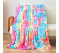 Rainbow Throw Blankets, Fluffy Colorful Throw Blanket, Super Soft Long Plush Bedspread Blanket, Soft Warm Snuggle Fleece Blanket Double Sided Faux Fur Cozy Blanket for Bed Couch Sofa Style D 130x160cm