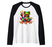 Rainbow Tie-Dye Frog with Peace Sign Spreading Hippie Smile Raglan Baseball Tee