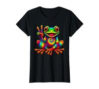 Rainbow Tie-Dye Frog with Peace Sign Spreading Hippie Smile Value Graphic T-Shirt, Women, Black, M