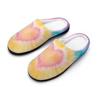 Rainbow Tie-dye Heart Men's Cotton Slippers Winter Warm Slip-on House Shoes with Anti-Skid Rubber Sole 9-10（42-43）