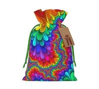 Rainbow Tie Dye-Red Printed Christmas Drawstring Bags with Green Christmas Ribbon - Reusable Burlap Drawstring Gift Pouches, M