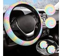 Rainbow Tie Dye Steering Wheel Cover for Women Men with 2 Pcs Car Coasters, Universal 14.5-15 Inch Covers Non-Slip Accessories for Girls Protect the steering wheel