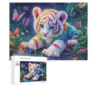 Rainbow Tiger Cub by Water with Butterflies 500 Piece Jigsaw Puzzle for Couples Home Leisure Activity Joint Problem Solving Gift for Wedding 500 PCS
