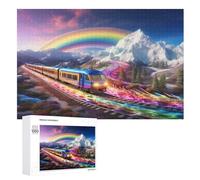 Rainbow Train Wooden Puzzles Jigsaw Puzzle 1000 Pieces for Adults Creative Difficult Challenging Game （75×50cm）