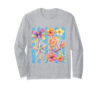 Rainbow Tropical Seashell Starfish Hibiscus Beach Summer Art Long Sleeve T-Shirt