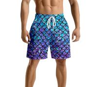 Rainbow Trousers, Men's Mermaid Swimming Trunks with Fish Scale Print, Neon Colourful Gradient Drawstring Board Shorts, Quick-Drying, Casual Beach Trousers, Colourful Hippie Shorts, Rainbow, blue, M