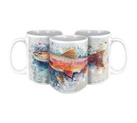 Rainbow Trout Coffee Mug - 15oz White Ceramic Cup with Full Wrap Watercolor Art Style Design - Gift for Fly Fishermen, Anglers, and Nature Lovers