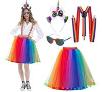 Rainbow Tulle Skirt Women, Rainbow Skirt Women's Tulle, Women's Tulle Skirt, Colourful Headband, Straps, Rainbow Knee Stockings, Fingerless Gloves, Retro Glasses for Carnival, Halloween, Fancy Dress