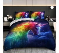 Rainbow Unicorn Duvet Cover - Double Bedding Set 79x79 inch - Blue Starry Sky Quilt Cover for Kids Women Room Decor, Soft Microfiber Duvet Covers 3 Pieces Bedspread with Zipper Closure