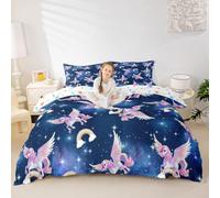 Rainbow Unicorn Duvet Cover Set Double Size,Girly Unicorns Bedding Sets 3Pcs for Kids Girls Boys Adult Room Decor,Starry Sky Galaxy Quilt Cover Dreamy Fantasy Comforter Cover,2 Pillowcases