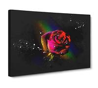 Rainbow Upon A Red Rose Paint Splash Canvas Print | Gallery Wrapped 30mm Frame Wall Art | 30x20 inches | Ready to Hang | Modern Floral Picture | Living Room Bedroom Lounge Office