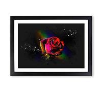 Rainbow Upon a Red Rose Paint Splash Framed Print | A2 Black Framed Wall Art | Ready to Hang | Modern Floral Picture | Living Room Bedroom Lounge Office