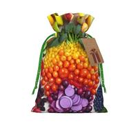 rainbow vegetable and fruit Printed Christmas Drawstring Bags Reusable Xmas Bag for Party Xmas Gift Wrapping, Green Ribbon, S