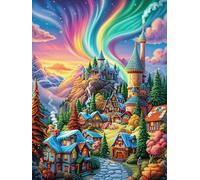 Rainbow Village Under A Magical Sky 500 Pieces Premium Jigsaw Puzzle Science Fiction Magical Dream Adult Jigsaws Educational Challenge Mental Exercise Wall Art Winter Rigid Cardboard 500