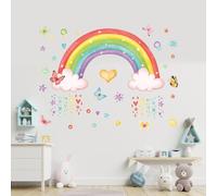 Rainbow Wall Decal, Large Colorful Sticker, Peel and Stick Wall Art | Raindrop cloud star heart butterflies, for baby kid nursery, girl bedroom, living room, decor, removable, damage free