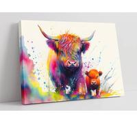 RAINBOW WATERCOLOUR HIGHLAND COW WITH BABY COW Canvas Wall Art Picture Print - 18 inch wide x 12 inch high (Frame Depth 30mm)