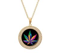 Rainbow Weed Leaf Pendant Necklace Round Diamond Necklace Golden-Color Jewelry Charms for Women