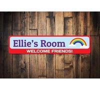 Rainbow Welcome Friends Sign Personalized Kid Name Bedroom Sign Custom Child Room Decor Metal Playroom Sign Outdoor Street Sign/Subway Sign 4x16 inch