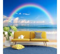 Rainbow White Clouds Beach Sea Creativity Modern 3D Wallpaper Premium Textured Silk Neutral Tones Material Ideal for Living Room Bedroom-250cm×170cm