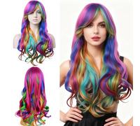 Rainbow wig, colourful long curls, rainbow wigs, women's curls, coloured wigs, suitable for cosplay, carnival, Halloween costume party, wigs for girls, children